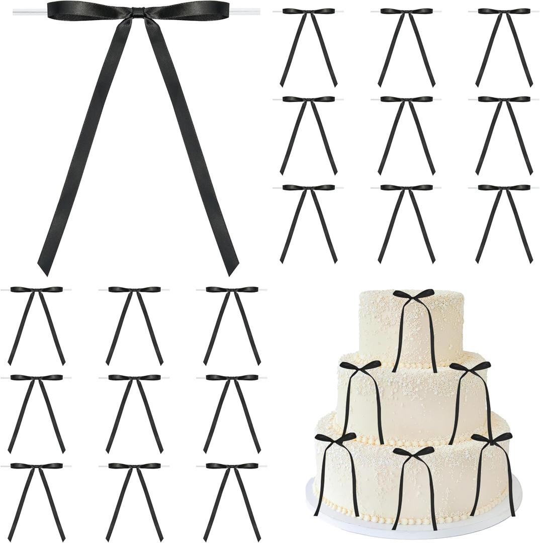 Pre-Tied Small Black Bows for Cake Decorations 5 x 7 Inch, White Satin Ribbon Bows with Twist Tie for Birthday Party, Balloon, Crafts, Wedding, Christmas Tree (50 Pack)