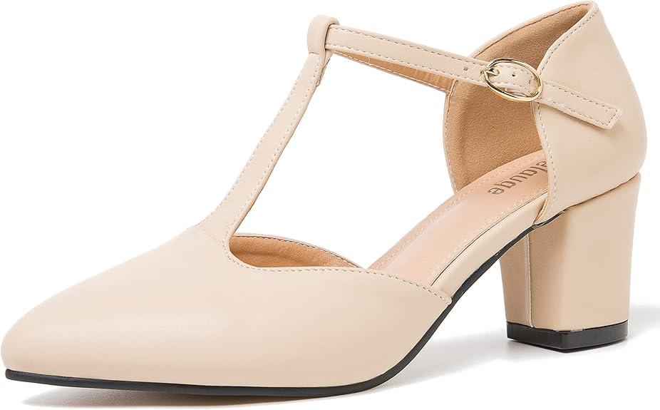 Enelauge Women's T-Strap Mary Jane Pumps Pointed Toe Ankle Strap Buckle Chunky Block Heel D'Orsay Sandals Dress Shoes Nude 39-7.5 US