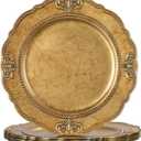 MAONAME 13" Gold Charger Plates Set of 6, Plastic Charger for Dinner Plates, Round Embossed Plate Chargers, Antique Chargers for Table Setting, Wedding