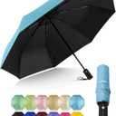 HIPPIH Compact Travel Umbrella for Rain - Windproof Automatic Umbrellas, UV Umbrella for Sun Protection with Black Anti-UV Coating, Portable Small Umbrellas for Backpack, Car, Walking, Kids, Women (Auto-Sky Blue)