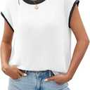Tankaneo Women's Summer Color Block T-Shirts Cap Sleeve Textured Ribbed Knit Tees Casual Ringer Crew Neck Loose Fit Tops, Size XXL