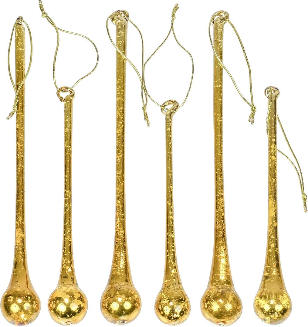 Red Co. 6" and 8" Decorative Golden Glass Icicle Drop Hanging Christmas Tree Ornaments, Holiday Season Dcor  Set of 6