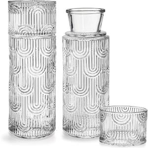 Coloch 4Pcs Bedside Glass Carafe Set With Tumbler, 21 Oz Glass Water Pitcher with 6 Oz Cup as Lid Vintage Mouthwash Dispenser Nightstand Carafe and Cup for Midnight Drink Set, for Bedroom, Bathroom