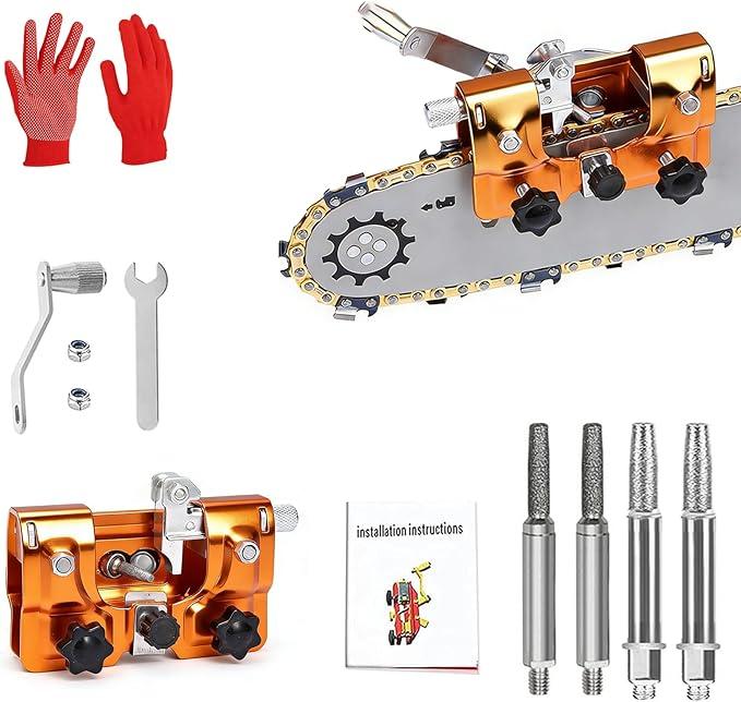 Chainsaw Sharpener Jig Kit Portable Chain Saw Sharpening Tool Universal Hand Crank Chain Saw Blade Sharpener, with 4 Burrs, Gloves & Cleaning Brush for 4"- 22" Saw Chain