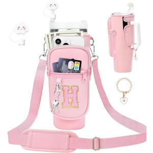Initial A-Z Carrier Bag for Stanley 40 oz Tumbler, Stanley Cup Holder with Strap - Spill Stopper - Letter Charm (Princess Pink)