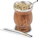 BALIBETOV Stainless Steel Double-Wall Mate Cup And Bombilla Set - Yerba Mate set Includes One Yerba Mate Cup, 2 Bombillas Mate (Straw) & Brush - Easy to Clean (8 Ounces, Wood)