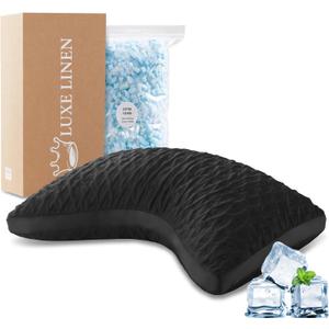 Cooling Side Sleeper Pillow for Neck and Shoulder Pain, Luxury Shredded Memory Foam Curved Gusseted Bed Pillows for Sleeping Adjustable Queen Size - Washable Cover Crescent Black