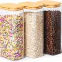ComSaf 2 Qt Rectangle Glass Storage Containers with Lids, Glass Jars with Bamboo Lids, Clear Food Jar, Square Canister Set of 3, Pantry Organizers and Storage for Flour Pasta Coffee Bean