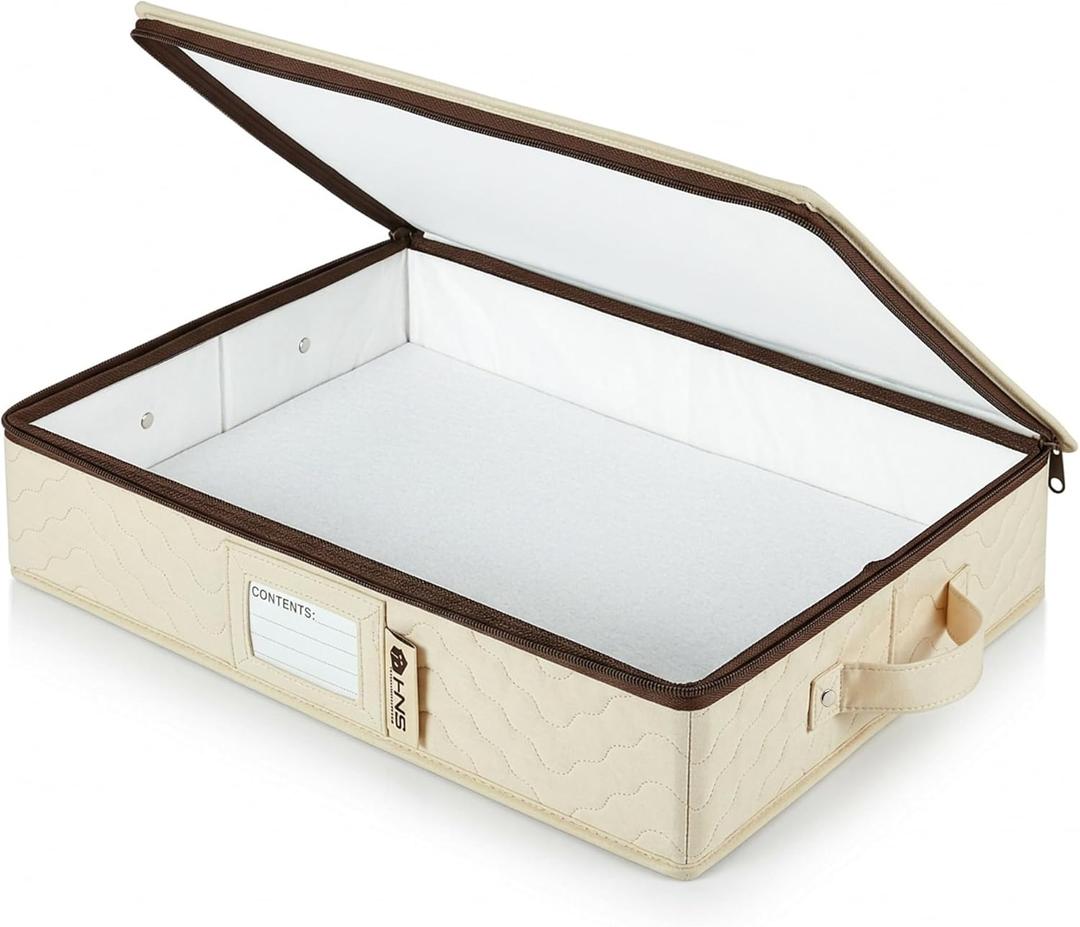 Platter Storage Containers - Hard Shell Protection for Fine China, Sturdy Dish Organizer with Dividers for Seasonal Storage, Moving & More - Protects up to 4 Platters - Beige Quilted