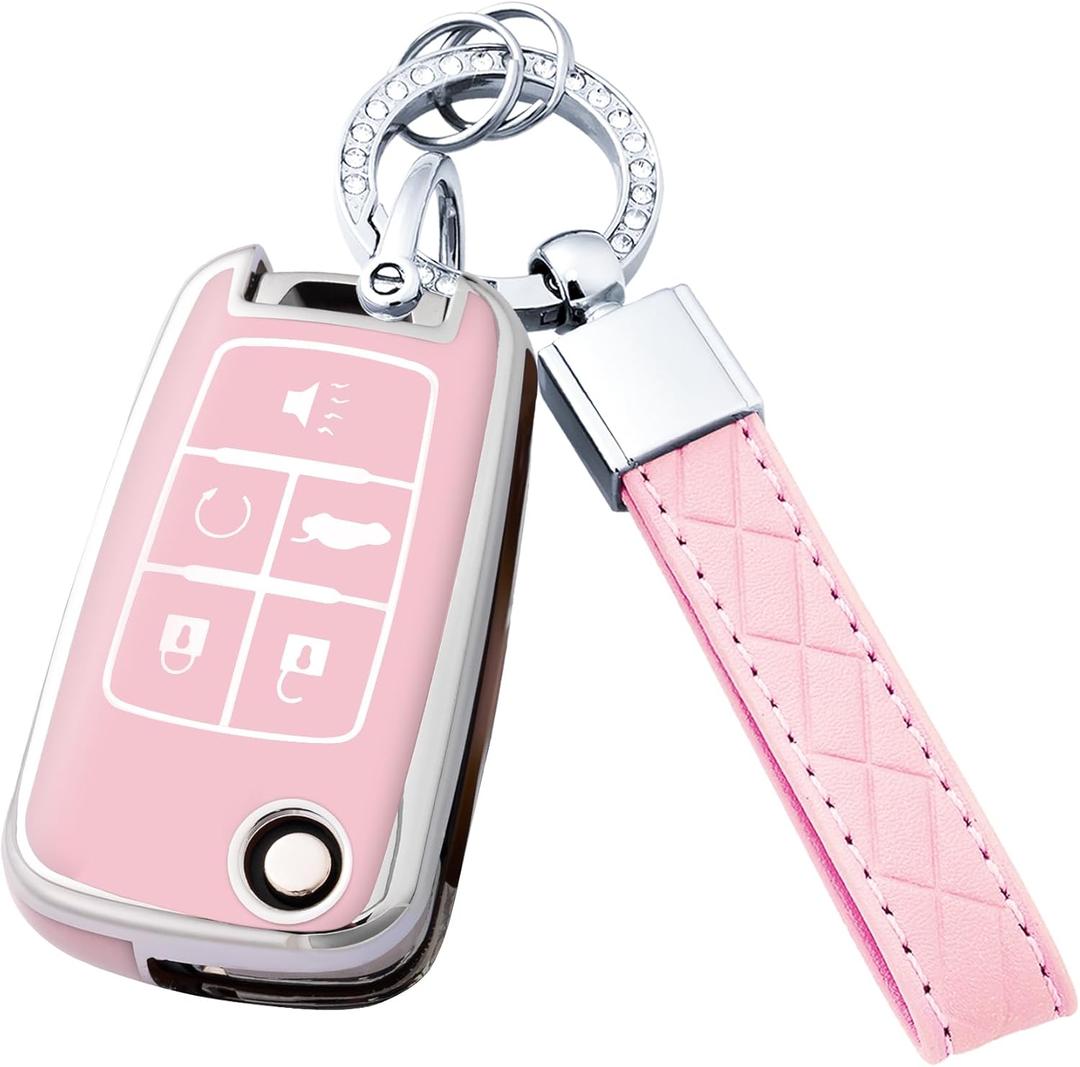 Key Fob Cover with Keychain for Buick Encore Camaro Equinox Impala Sonic Trax GMC Terrain Flip (Pink)