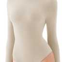 REORIA Women's Turtle Neck Long Sleeve Bodysuits Basic Slim Fit Double Lined Layering Tops for Fall & Winter (Beige, XS)