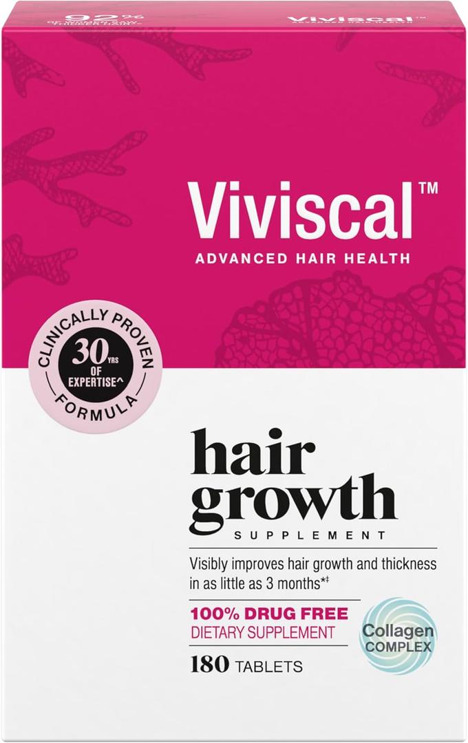 Viviscal Hair Growth Supplements for Women, Thicker Fuller Hair Support for Thinning Hair and Hair Loss, with Biotin and Marine Collagen, Drug-Free, 180 Tablets, 90-Day Supply, BB Date 05/2028