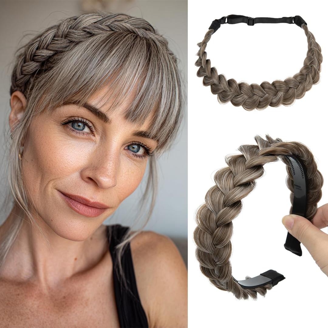 CJL HAIR 2PCs Braided Headbands Hair Piece for Women Synthetic Hair Hoops Head Bands Handmade Braid Hairband Accessories Elastic Stretch Headwrap Middle Grey