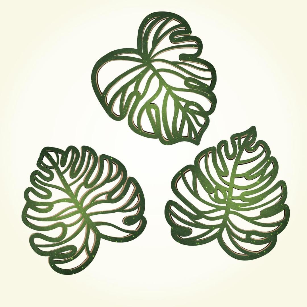 3PCS Palm Leaves Wood Wall Decor, Tropical Wall Art Jungle Decor, Wooden Natural Leaves Plant Wall Decor, Vintage Tropical Plant Plaque for Home Living Room Kitchen Bedroom Bathroom & Garden, Green