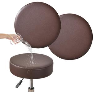 FUANGUI Bar Stool Covers Round Set of 2, Waterproof PU Seat Covers With Elastic Bands, Washable Chair Cushion Slipcover for 12-15 Inch - Coffee