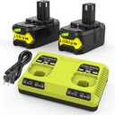 2Pack 18V P108 Replace for Ryobi 18V Battery 6.5Ah for 18volt One Plus P108 P102 P103 P104 P105 P107 P109 P122 P190, with 2Port Ryobi Battery Charger