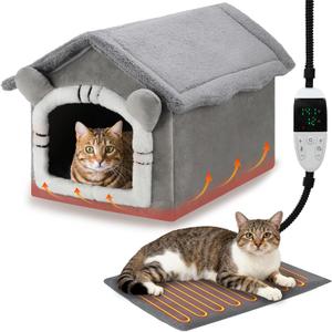 FHTONGE Heated Cat Bed House with Timer Temp Adjustment, Thermal Enclosed Kitten Beds Hideaway Machine Washable, Self-Warming Cozy Pet Nest Covered Beds Cave for Indoor Kitten Old Cat Puppy Small Dog (Hut Version)
