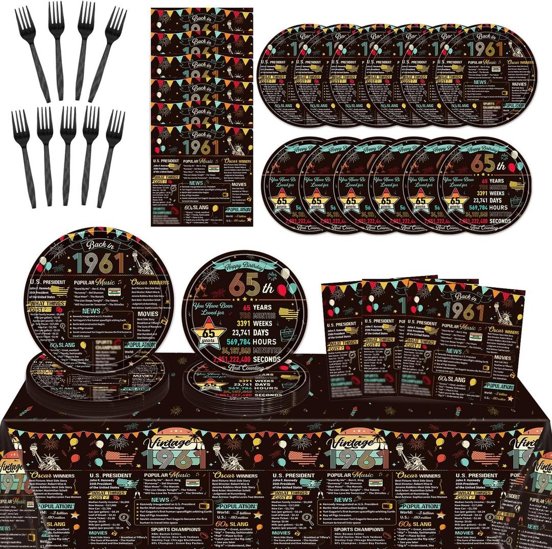 65th Birthday Party Plates Napkins and Tablecloth Decor, 98PCS Back in 1961 65th Birthday Decorations Men Women, Disposable Tableware and Plastic Table Cover Party Supplies