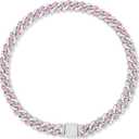 Silver-Plated Pink Diamond Dog Collar - Cuban Style Metal Chain with Secure Buckle, Luxury Durable Collar for Small/Medium/Large Dogs & Puppies (20inch)