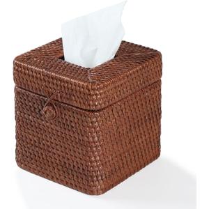 Rattan Square Tissue Box Cover, 5.7" x 5.7" x 5", Decorative Woven Facial Tissue Holder with Hinged Top Lid, Brown