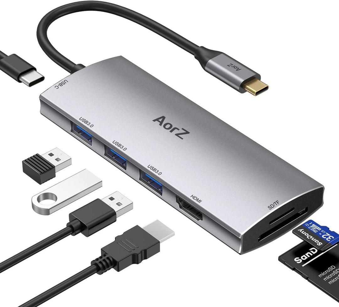 USB C Hub, USB Hub to HDMI Multiport AorZ USB C Dongle Adapter 7 in 1 with 4K HDMI Output,3 USB 3.0 Ports, SD/Micro SD Card Reader,100W PD, Compatible with MacBook Pro Air HP XPS and More Type C Devices (Grey)