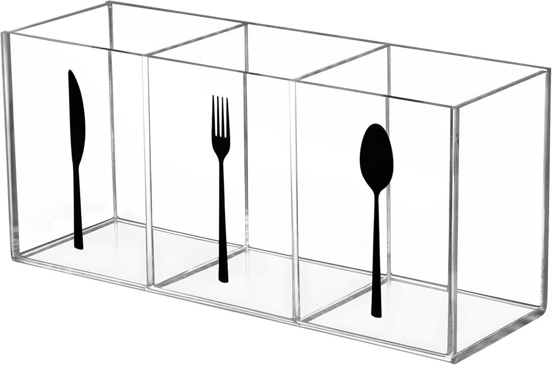 Hxezoc Clear Acrylic Cutlery Storage Organizer, Transparent Silverware Caddy 3 Section Tableware Plastic Holder for Kitchen Indoor Outdoor Decoration Supplies