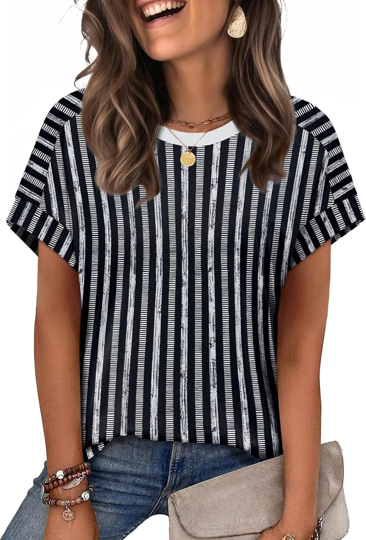 WIHOLL Womens Tops Summer Outfits Spring Clothes Short Sleeve Tshirts Shirts 2026 Fashion Business Casual Lightweight Blouses, Black Stripes, XL