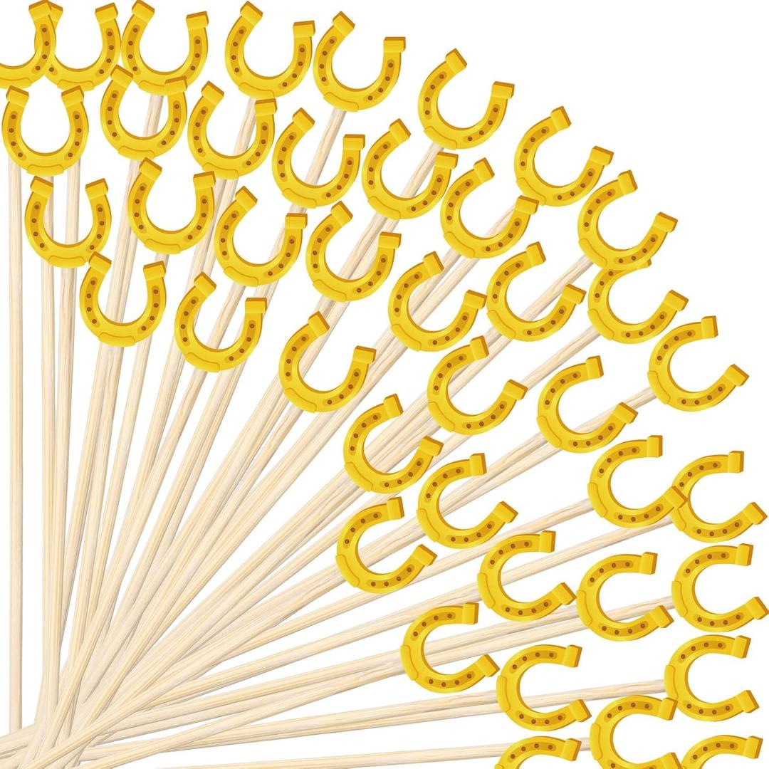 5.1'' Cowboy Cocktail Picks Horseshoe Bamboo Cupcake Toppers Fruit Sandwich Toothpick Stirrer Birthday Decorations for Western Theme Party Baby Shower Cake (100 Pieces)