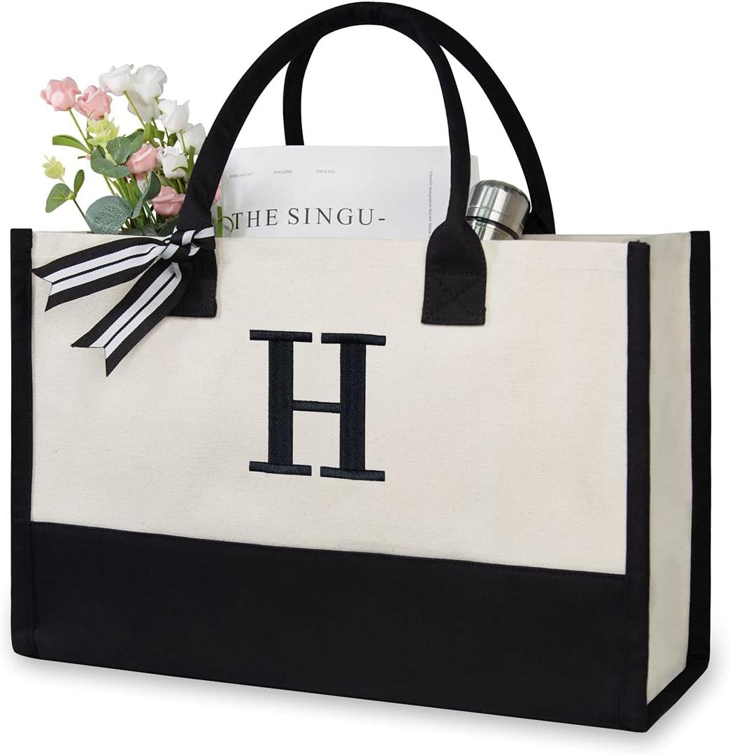 TOPDesign Personalized Initial Canvas Beach Bag, Monogrammed Gift Tote Bag for Women (Black & White)