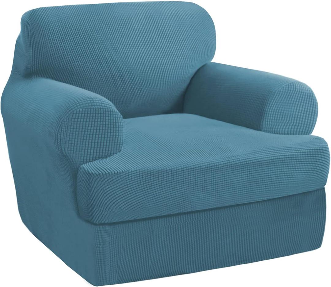 PrinceDeco 2 Pieces T Cushion Sofa Slipcovers Stretch Couch Covers for T Cushion Chair Slipcover Soft Arm Chair Cover with 1 Individual T Shape Seat Covers Width Up to 40"- Storm Blue