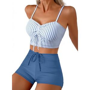 Herseas Women Bestselling Bikini Set Two Piece Vintage Swimsuit Color Block Summer Outfit Beach Wear Floral Print Modest Bathing Suit Sky Blue Stripe, XX-Large