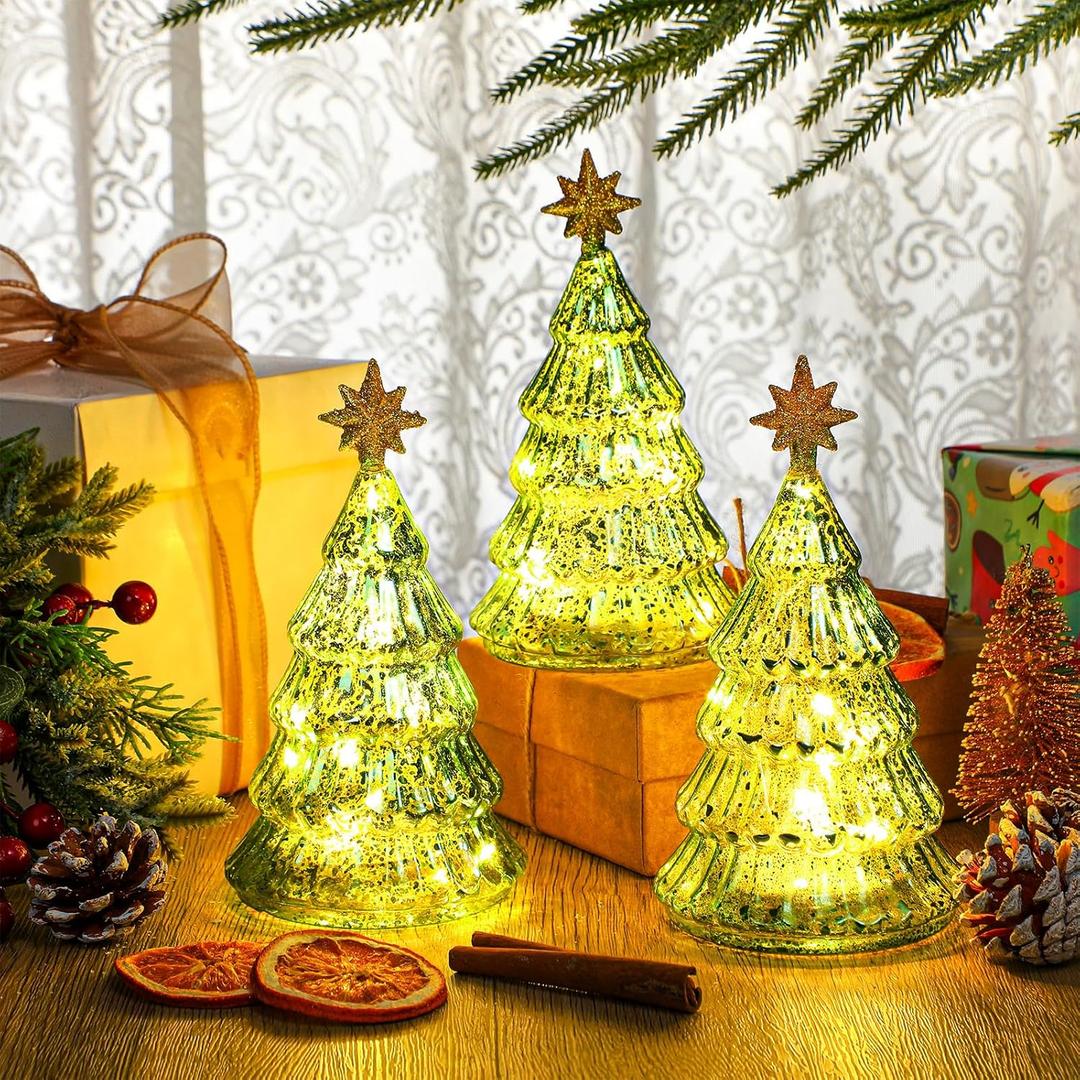3Pcs Lighted Glass Christmas Tree Tabletop Decoration Light up Glass Christmas Tree Centerpieces Decor Xmas Table Lamps Ornaments Gifts for Home Indoor Holiday