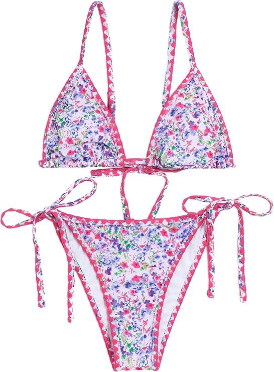ZAFUL Women's Triangle Bikini Tie Side Whip Stitch String Bikini Two Piece Swimsuit Bathing Suits, Size Medium