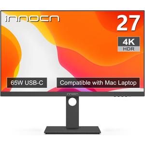 INNOCN 27 Inch 4K Monitor 3840 x 2160 LCD IPS Display, HDR400, USB C 65W, DP, HDMI, PC Monitor for Mac Laptop, 1.07B+ Colors, Built-in Speakers, Pivot/Height Adjustable Stand, Black