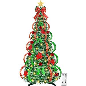 [ 8 Modes & Timer ] 6Ft Prelit Full Pop Up Flocked Pencil Christmas Tree with 200 Warm White LED Lights, Balls, Red & Green Ribbon, Bows, Plug in Collapsible Xmas Tree Outdoor Indoor Christmas Decor