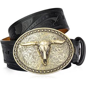 BISON DENIM Mens Western Cowboy Belt - Longhorn Cow Pattern Buckle with Printed Engraved Buckle Strap Adjustable (115cm (fit for waist size 36"-39"), Nk1814g+ds050-1bm-black)