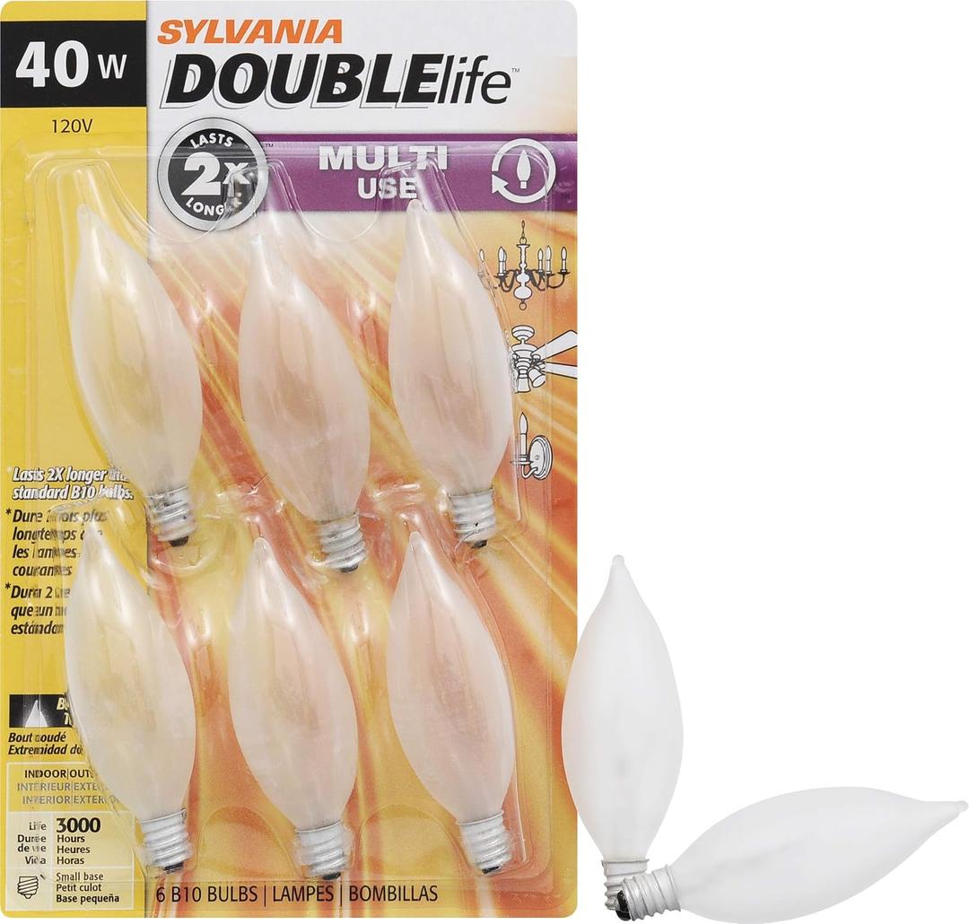 Sylvania Double Life Incandescent Light Bulb, B10, 40W, Dimmable, Candelabra Base, 285 Lumens, Frosted - 6 Count (Pack of 1) (15323)