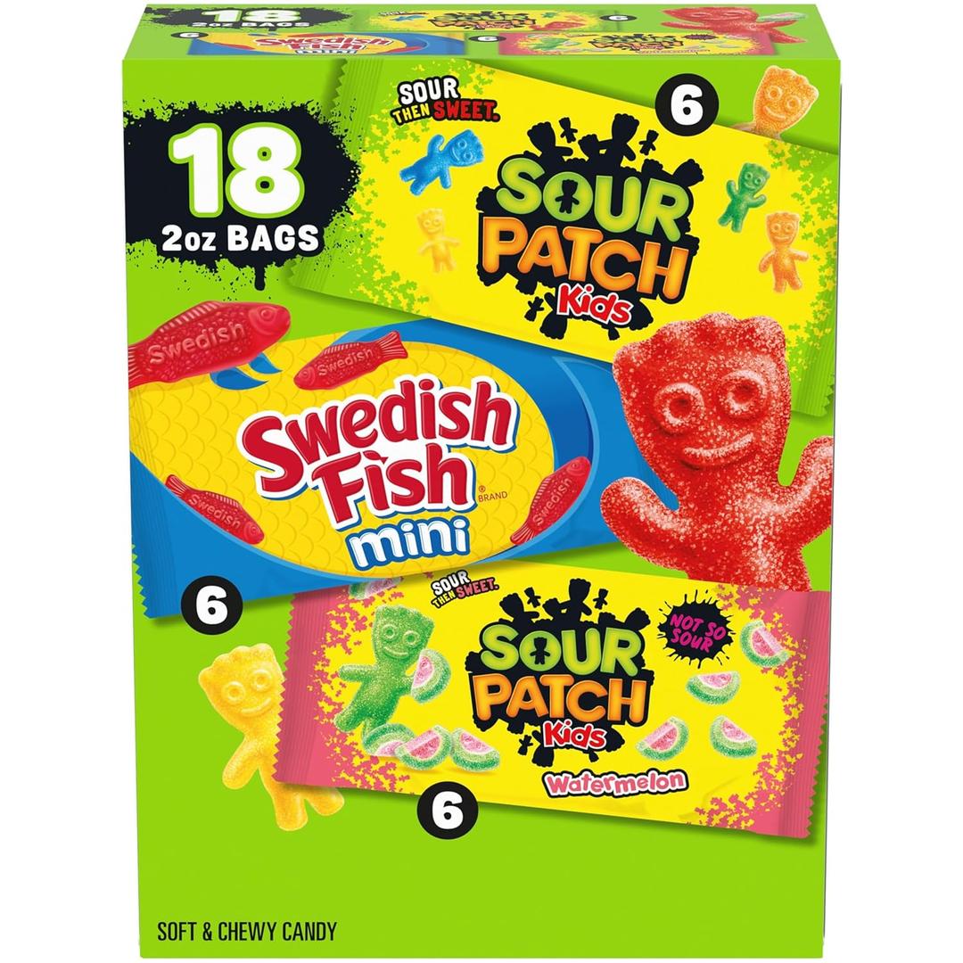 SOUR PATCH KIDS and SWEDISH FISH Mini Soft & Chewy Candy Variety Pack, Bulk Candy, 18-2 oz Bags (EXP 06/07/26)