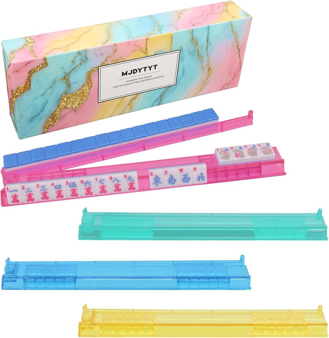 Non-Slip Mahjong Racks with Pushers, 4-Pack Sturdy Fade Resistant, Acrylic Mahjong Racks with Pushers, American Mahjong Accessories, Gift-Ready Mahjong Gifts (Four Colors)
