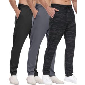 3 Pack Mens Athletic Sweatpants with Zipper Pockets,Workout Gym Joggers Pants for Men Running Jogging Pants (Small, 3 Packs-black/Dark Gray/Camouflage Gray)