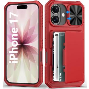 Wallet Case for iPhone 17, Card Holder (4-5 Cards), Slide Camera Cover, Military Grade Protection, Heavy Duty Shockproof Women Girly Men Protective Phone Cover for iPhone 17 6.3" 2025, Red