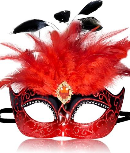 MYSEUNI 2025 Red Masquerade Mask for Women - Venetian Mask Women with Feathers for Masquerade Party, Christmas