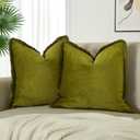 JUSPURBET Olive Green Decorative Velvet Fringe Throw Pillow Covers 18x18 Set of 2 Boho Soft Cushion Case for Home Decor Living Room Couch Sofa Bed