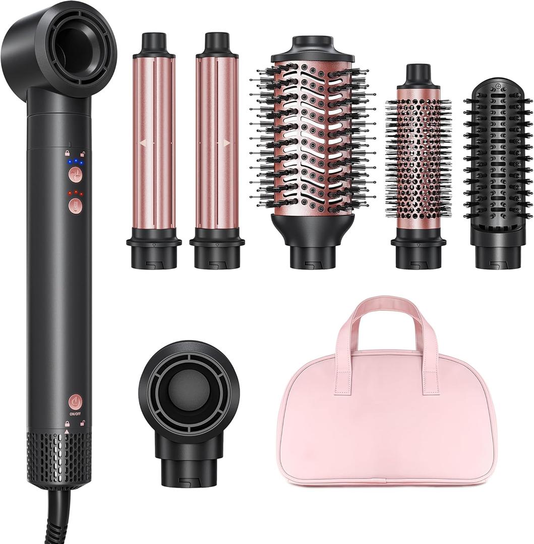 6-in-1 Hot Air Styler Wrap, High-Speed Hair Dryer Brush Blow Dryer with 2 Auto Wrap Curlers for Curling, Straightening, Volumizing, Fast Drying & Frizz-Free Styling for All Hair Types (Rose Gold)