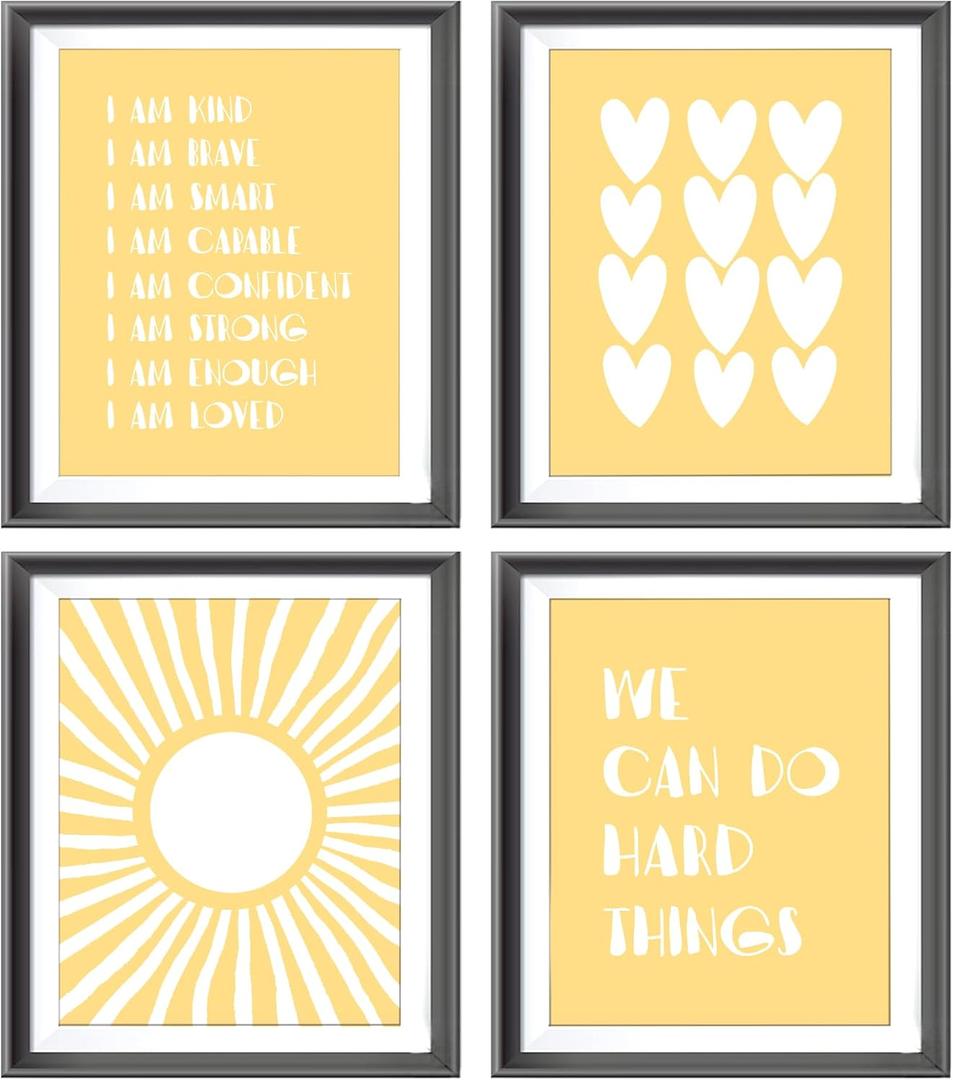 I am Kind Brave Smart Affirmations Yellow Sun Sunshine Hearts Poster Prints for Girls Kids Room Playroom Decor,Girl Nursery Decorations Prints Wall Art Unframed 4pcs 8x10inches,Girls Kids Gifts