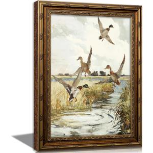 Vintage Gold Framed Flying Duck Canvas Wall Art Country Mallard Duck Wildlif Painting Picture Wall Decor Retro Rustic Landscape Poster Print Artwork for Living Room Bedroom Office Home Decoration, 24"L x 16"W
