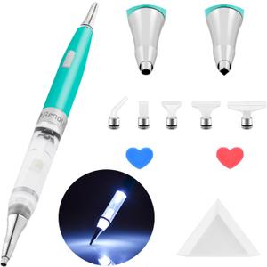 benote Original Diamond Art Painting Pen Lighted Drill Pen 2.0 Metal Sticky Pen Tips, Diamond and Painting Accessories with Multi Replacement Pen Heads and Wax - B7 Turquoise
