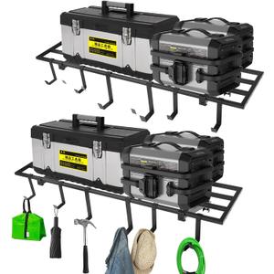 Colinktool Garage Wall Shelving, 1X4 ft Garage Storage Rack,Heavy Duty Wall Mounted Storage Shelf With 12 Hooks-Each Loads 200lbs Metal Wall Shelf,Black,2Pack