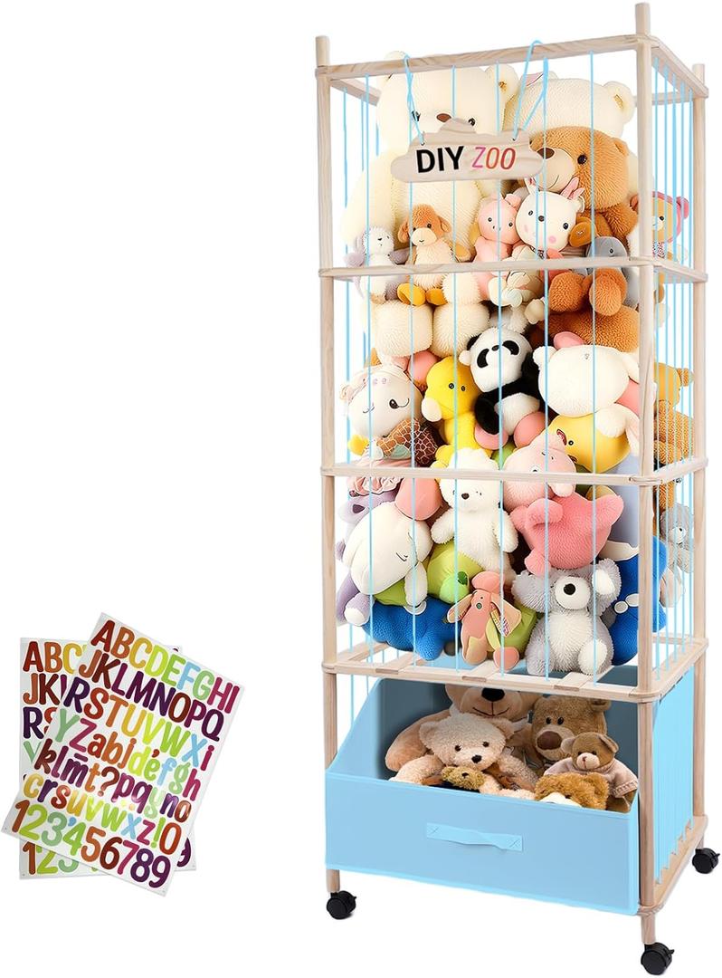Stuffed Animal Storage, 64" Super Large Plush Toy Organizer with Wheels, Wooden Stuffed Animal Holder with Removable Bin, Zoo Plushies Storage for Bedroom/Playroom/Living Room, Blue