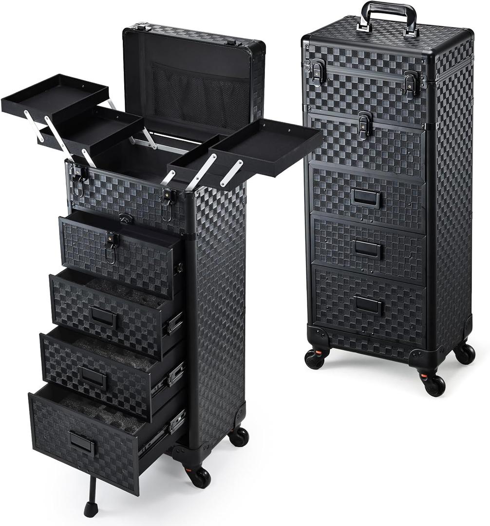 Stagiant Rolling Makeup Case with Drawers Cosmetology Case on Wheels 5 IN 1 Makeup Case 4 Drawers with Foot Stand Spring-release Mechanism Rolling Make Up Organizer for Artist Salon Nail Teach Trunk